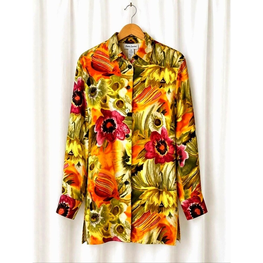 Paolo Santini Vintage Silk Colorful Floral Button Front Longline Tunic Blouse